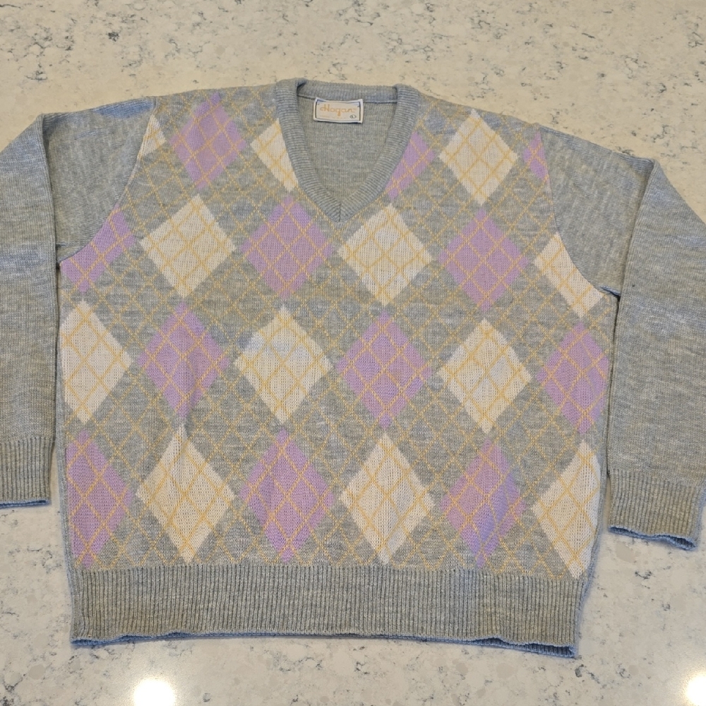 Vintage 90's Hogan V-Neck Sweater in Gray, Purple, and Cream Argyle